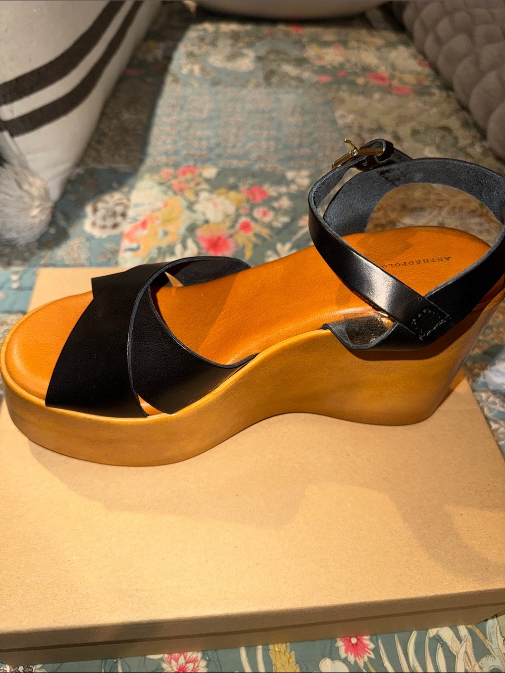 Anthropologie Black Leather Crisscross Platform Wedge Sandals - Picture 6 of 9